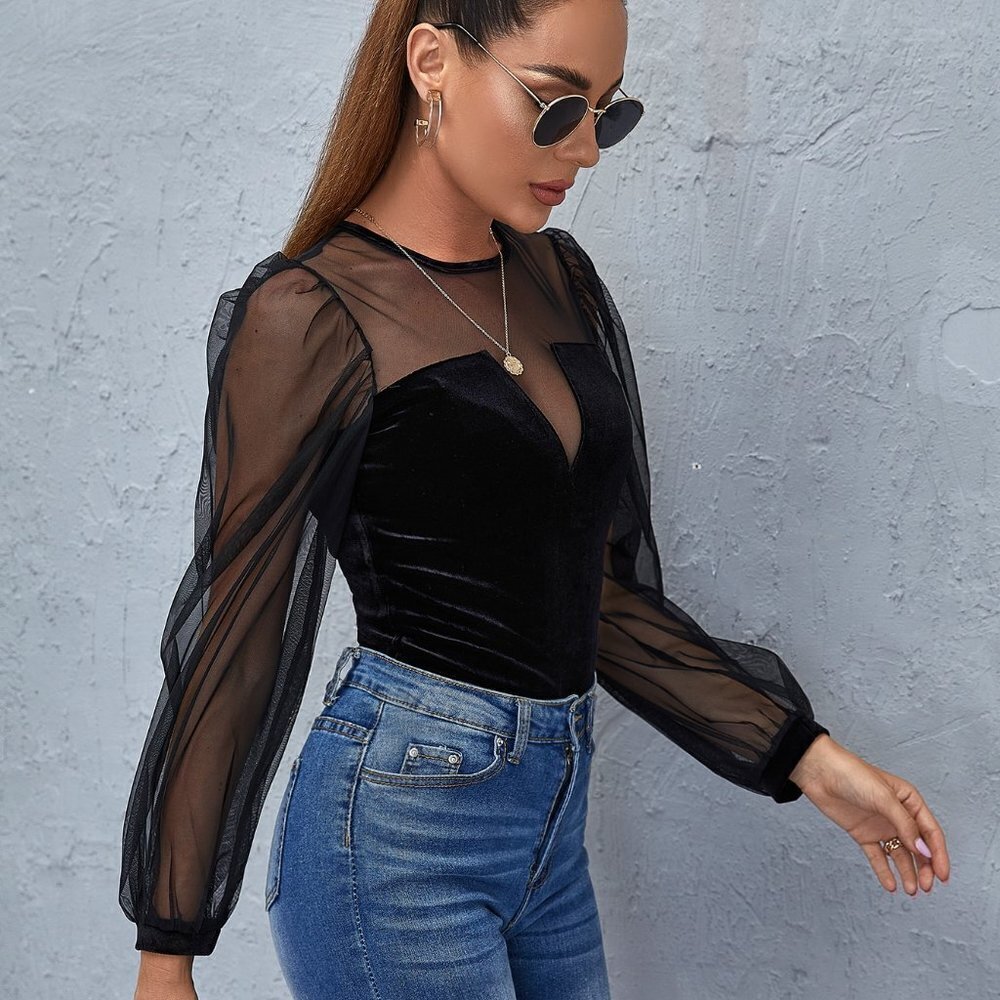 Black Preppy Womens Keyhole Back Mesh Lantern Sleeve Top - Picture 5 of 5